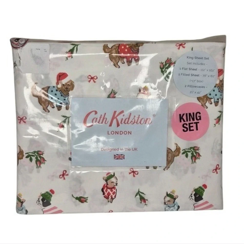 Cath Kidston Puppy Love Pink King Sheet Set 100%‎ Cotton Christmas Dogs Holiday